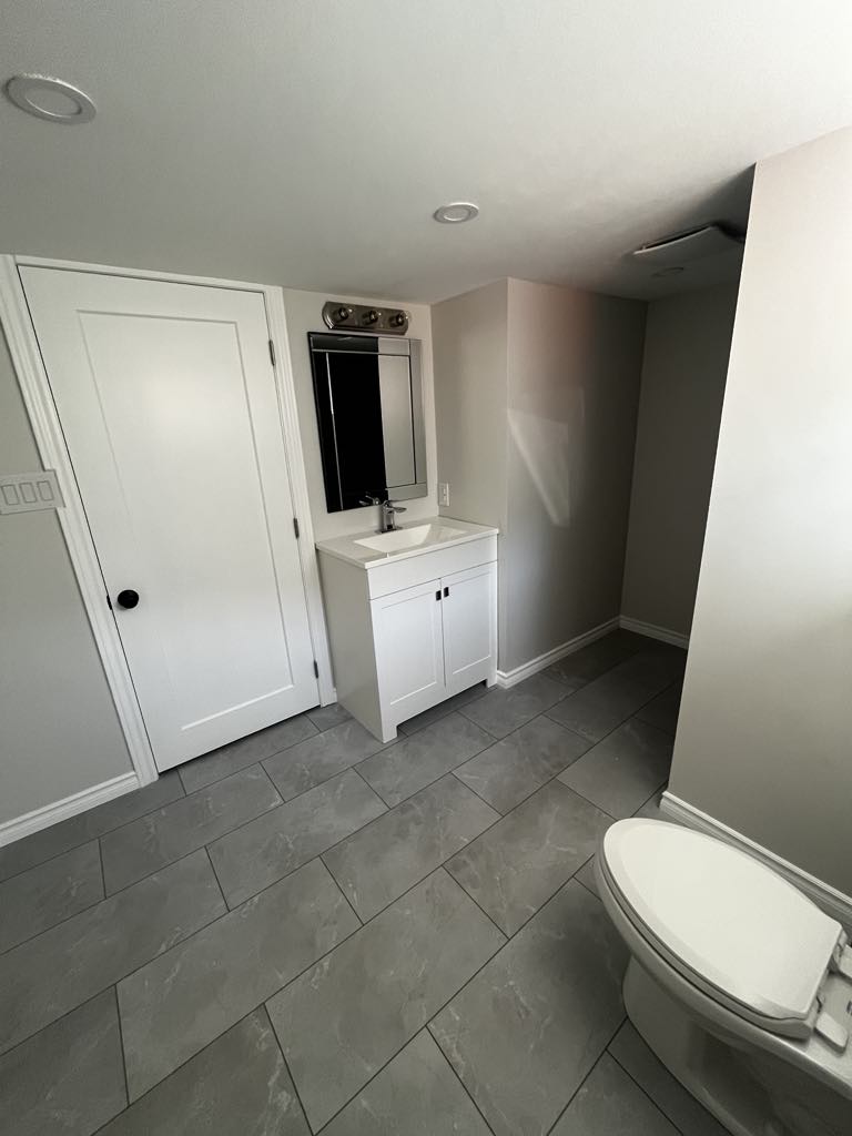 A bright bathroom featuring a white vanity, a toilet, and hookups for laundry appliances.